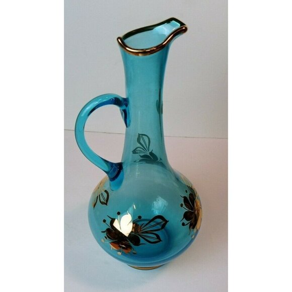 Aqua Blue Romanian Glass Decanter With Gold Floral Design & Handle - Picture 2 of 12